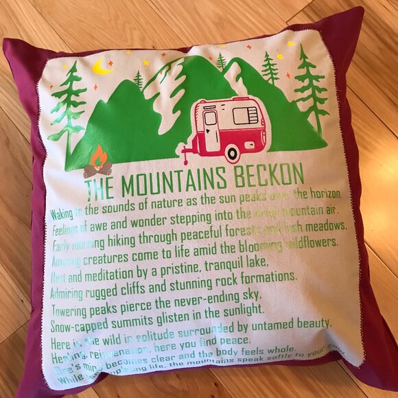 Mountain Camping Pillow Cover, 18 x 18: Handmade Vintage Camper Magenta Decor - Picture 8 of 9